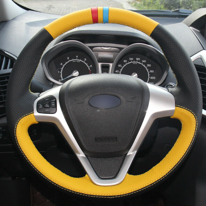 for Ford Fiesta 08-13 Ecosport DIY Car Steering Wheel Cover Black Yellow Leather