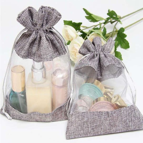 10x14cm Clear Window Jute Gift Bag Burlap Party Favor Sack Bag Linen Drawstring Pouch Organza Jewelry Gift Candy Bag