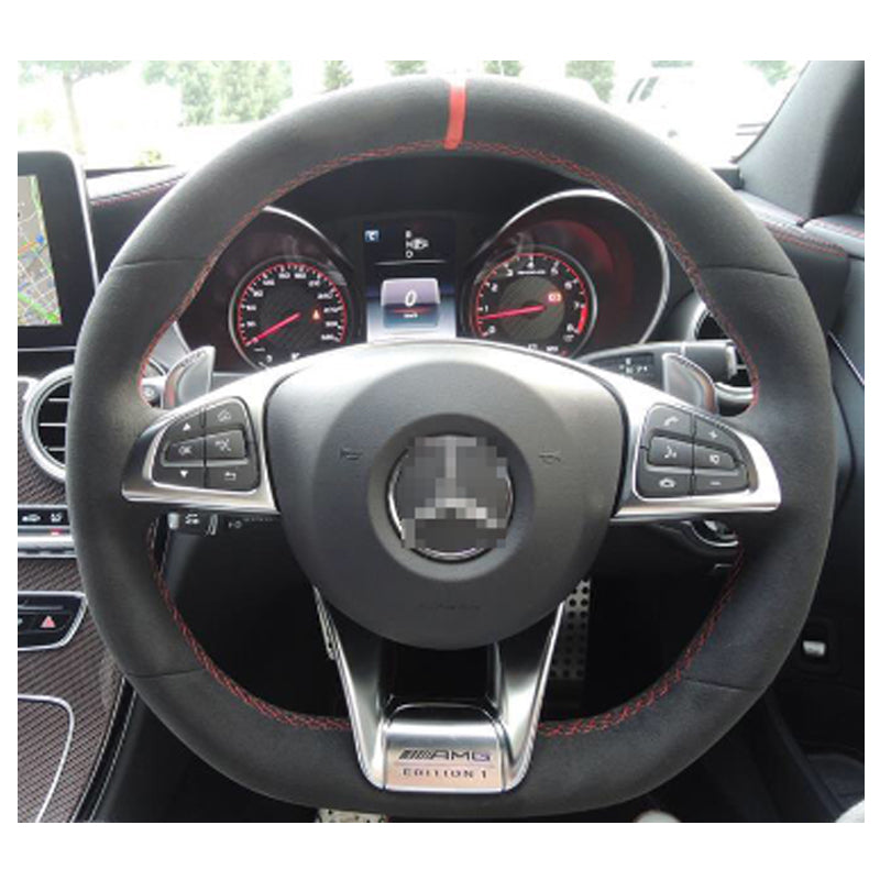 For Benz AMG C63S High Quality Hand-stitched Anti-Slip Black Suede Red Thread DIY Steering Wheel Cover