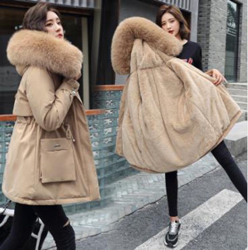 Wholesale Ladies Velvet Liner Thicken Hooded Parka Women Slim With Big Fur Collar Outerwear Autumn Winter Jacket Women Coat