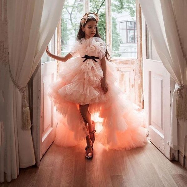 High Low Ruffles Flower Girl Dresses 2021 A Line Tiered Skirts Custom Made Black Bow Tie Belt Girls Pageant Gowns Kids Party Dress