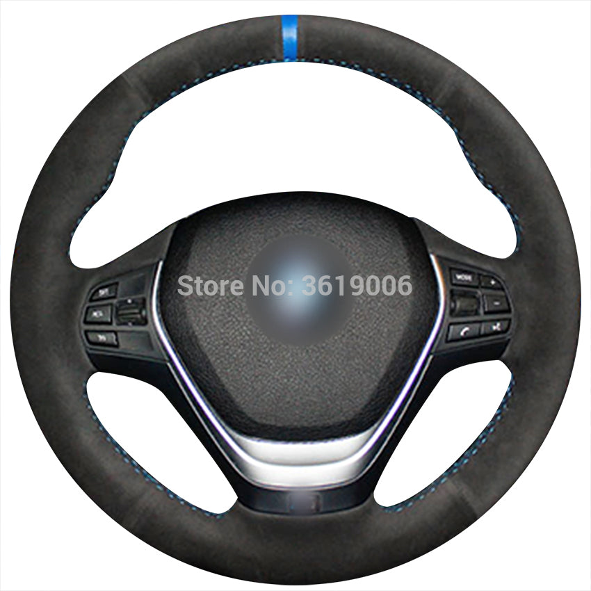 For BMW F30 320i 328i 320d F20 Hand-stitched Anti-Slip Black Suede Blue Marker DIY Steering Wheel Cover
