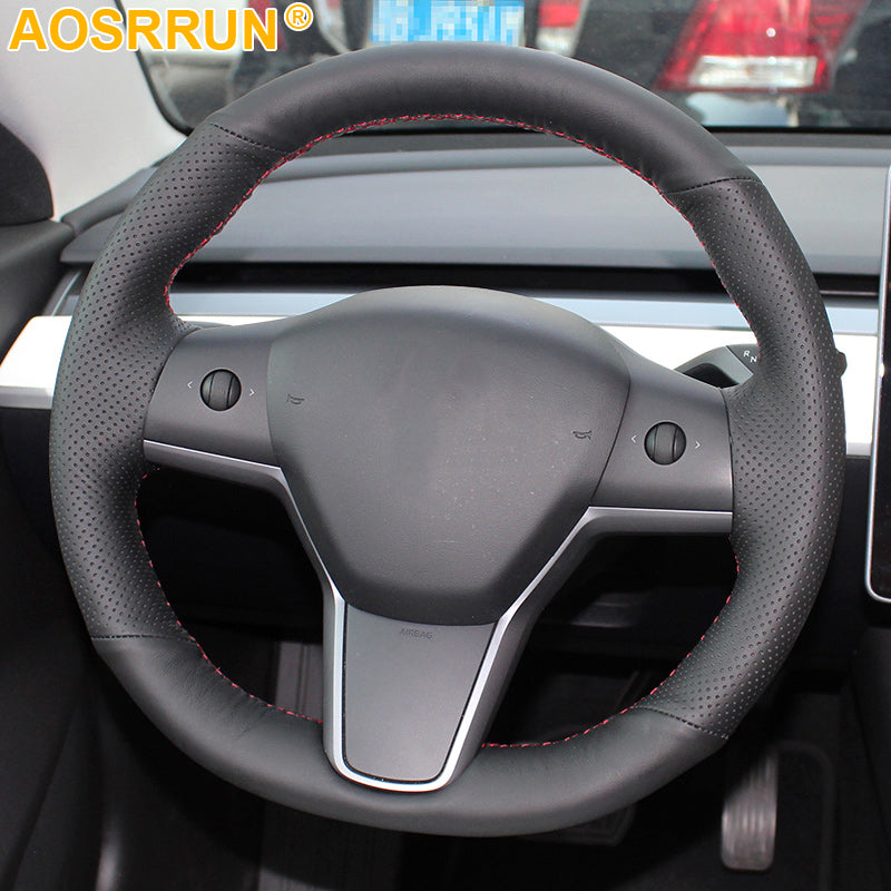 Hand-stitched Black Artificial Leather Car Steering Wheel Cover For Tesla Model 3 BlueStar 2017 2018 2019 Car Accessories