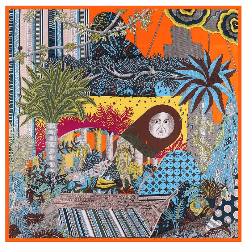 Scarves 130cm*130cm High Quality Wholesale Large Square Shawls, H Forest Print Twill Silk Scarf For Women Headband