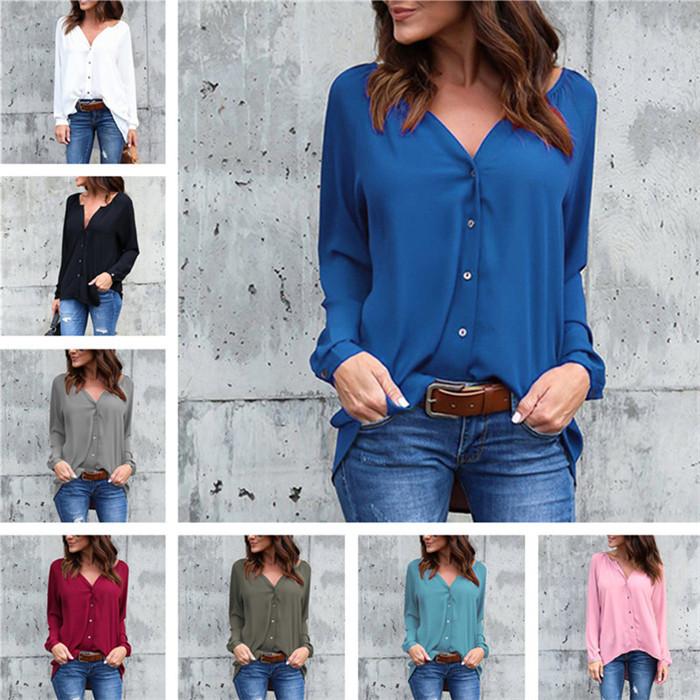 Women V Neck Blouses Casual Solid Color Long Sleeve Single Breasted Shirt Ladies Designer Loose Top