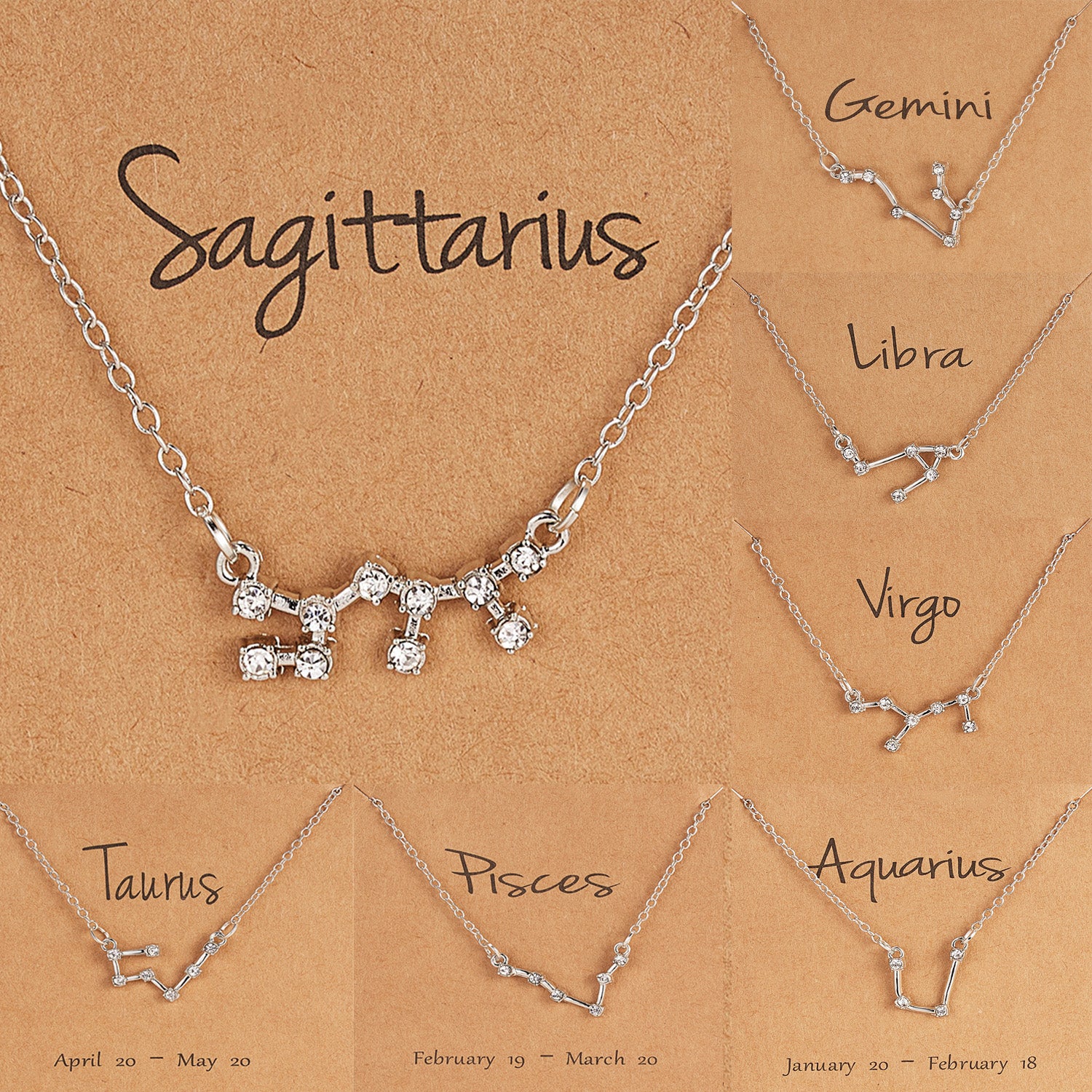 Silver Rhinestone Star 12 Constellation Zodiac Sign Pendant Wish Card Charm Gold Chain Choker Astrology Necklace Jewelry For Women