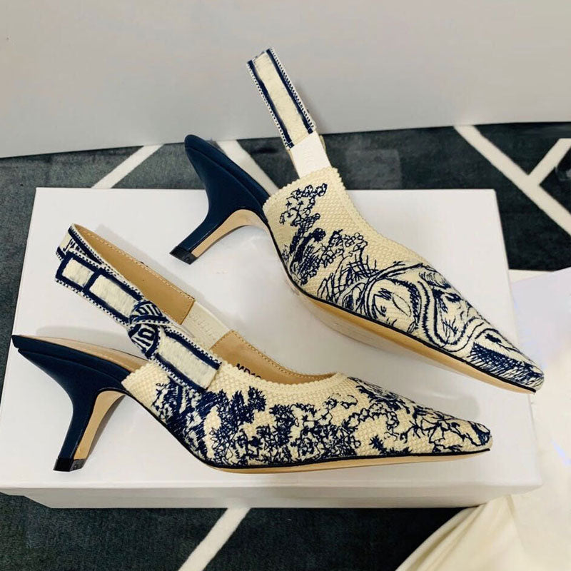 Summer Ladies Sandals Fashion Ladies High Heels Electric Embroidered Bow Pointed Toe Elegant Office Designer Women Shoes