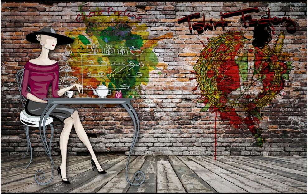 Wall paper 3d custom photo mural Brick wall nostalgic cartoon beautiful woman coffee tooling Home decor living room wallpaper for walls 3 d