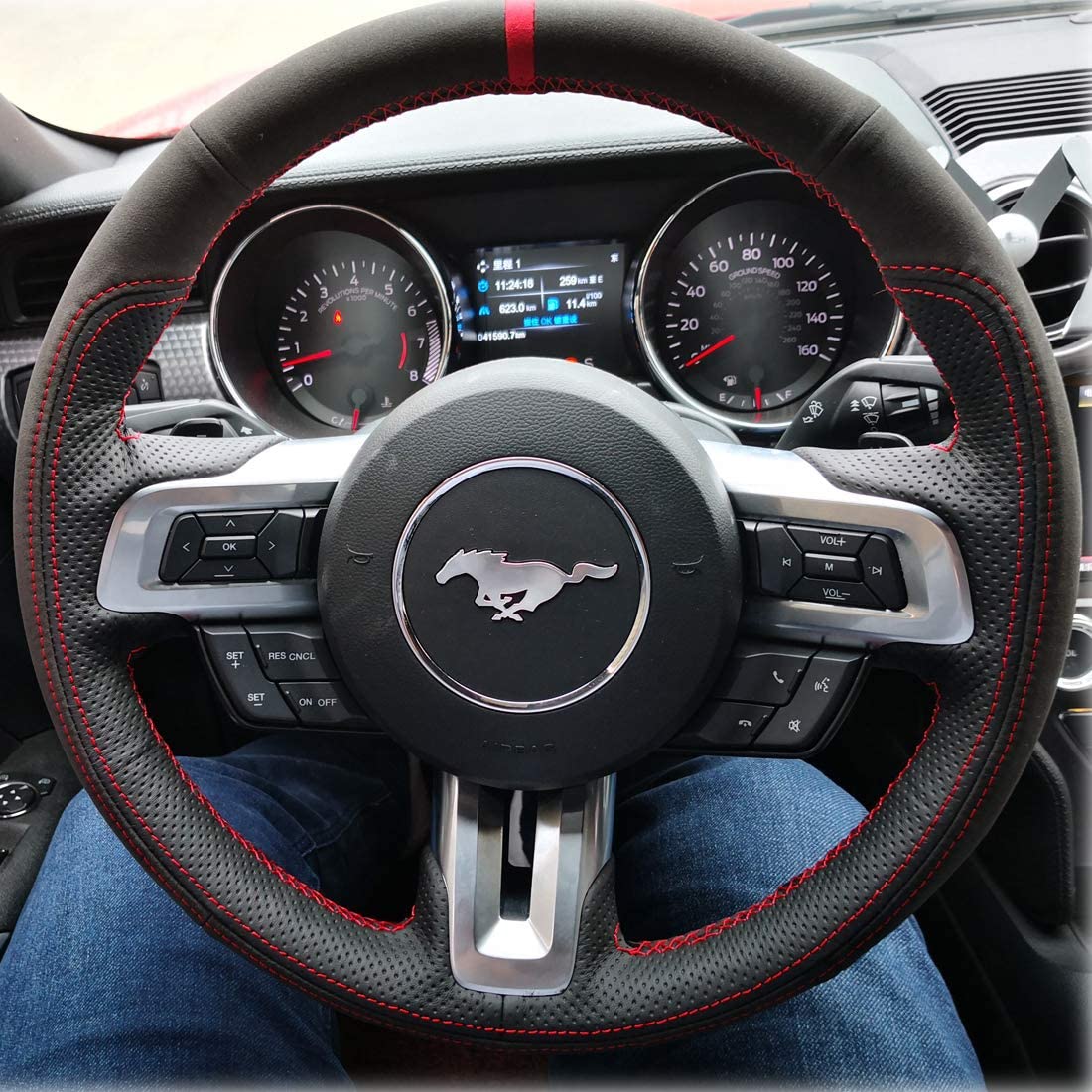 Black Genuine Leather Auto Custom Steering Wheel Cover for Ford Mustang 2015-2017 Mustang GT 2015-2017 Accessories
