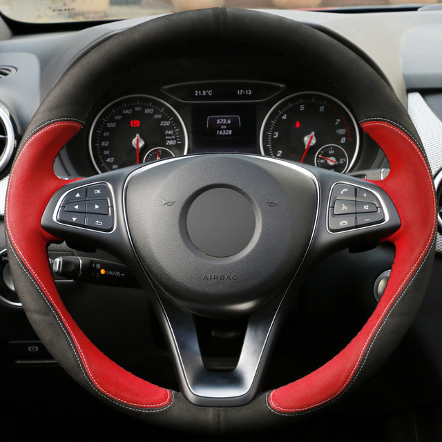 Hand-stitched Car Steering Wheel Cover Black Red Suede for Mercedes-Benz C180 C200 C260 C300 B200 Free shipping