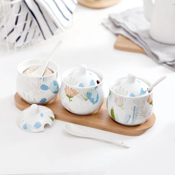 Household Seasoning Pot with Bamboo Tray Ceramic Condiment Storage Jar Spice Jar SoyHousehold Seas Sauce Box Salt Sugar Can Kitchen Organize