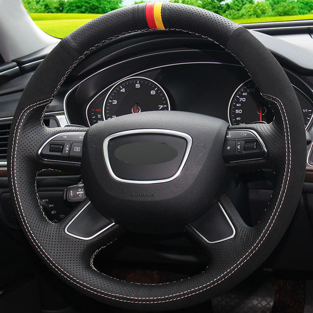 Black Genuine Leather Suede Steering Wheel Cover for Audi Q7 2012-2015 Q3 Q5 2013-2016 A4 (B8) 2014 2015 A6 (C7) 2014-2016