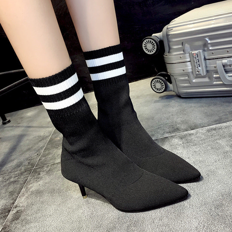 2020 Autumn and Winter New Martin Boots Womens Fashion European and American Flying Woven Pointed Fashion Boots Thin Heel Thread Tube Womens