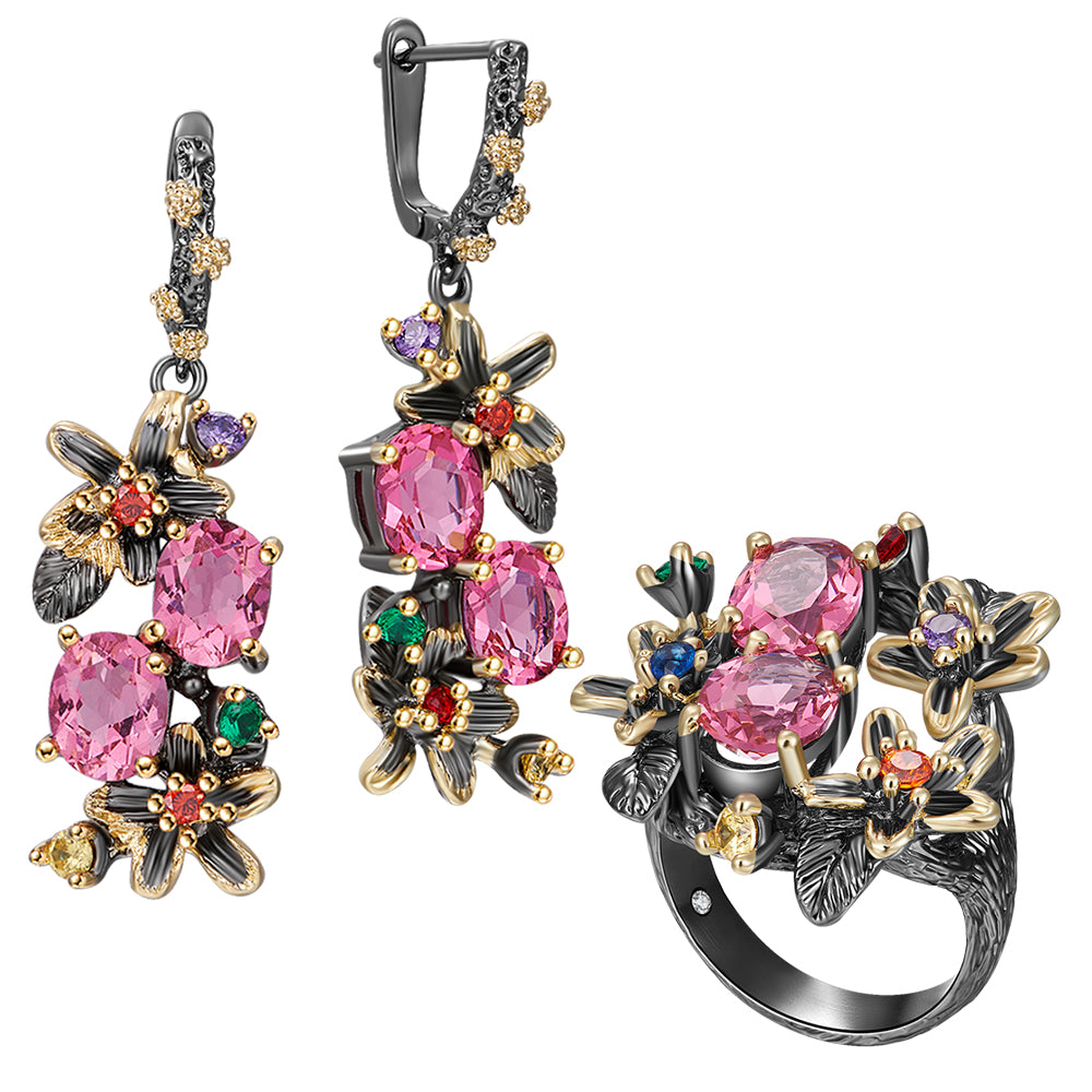 Beautiful Pink Red Crystal Earrings Ring Jewellery Set Flower Earrings Multi Zircon 2 Tone Brass 2pcs Jewelry Sets Wedding gifts