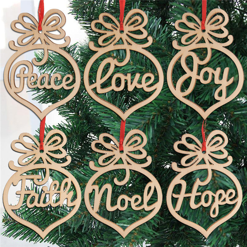 Christmas letter wood Heart Bubble pattern Ornament Christmas Tree Decorations Home Festival Ornaments Hanging Gift, 6 pc per bag FY7173