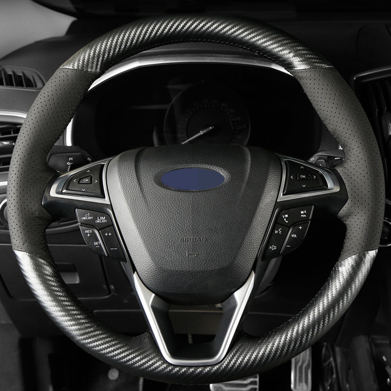 DIY Black Carbon Fiber Leather Car Steering Wheel Cover for Ford Mondeo 2013 Edge 2014 Car Styling Hand-stitched Cover