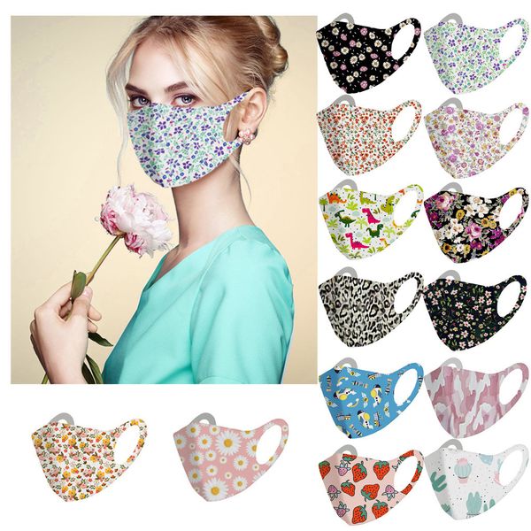 DHL Ice silk cotton warm air layer knitted Designer Masks 3D broken flower printing face mask washable black thin masks