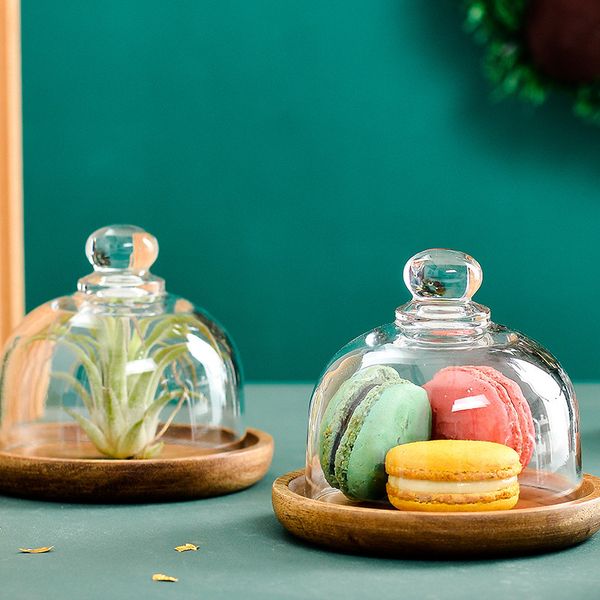 1pcs Mini Wooden Cake Display Dish with Lid Dessert Fruit Storage Tray with Glass Cover Afternoon Tea Dessert Candy Table