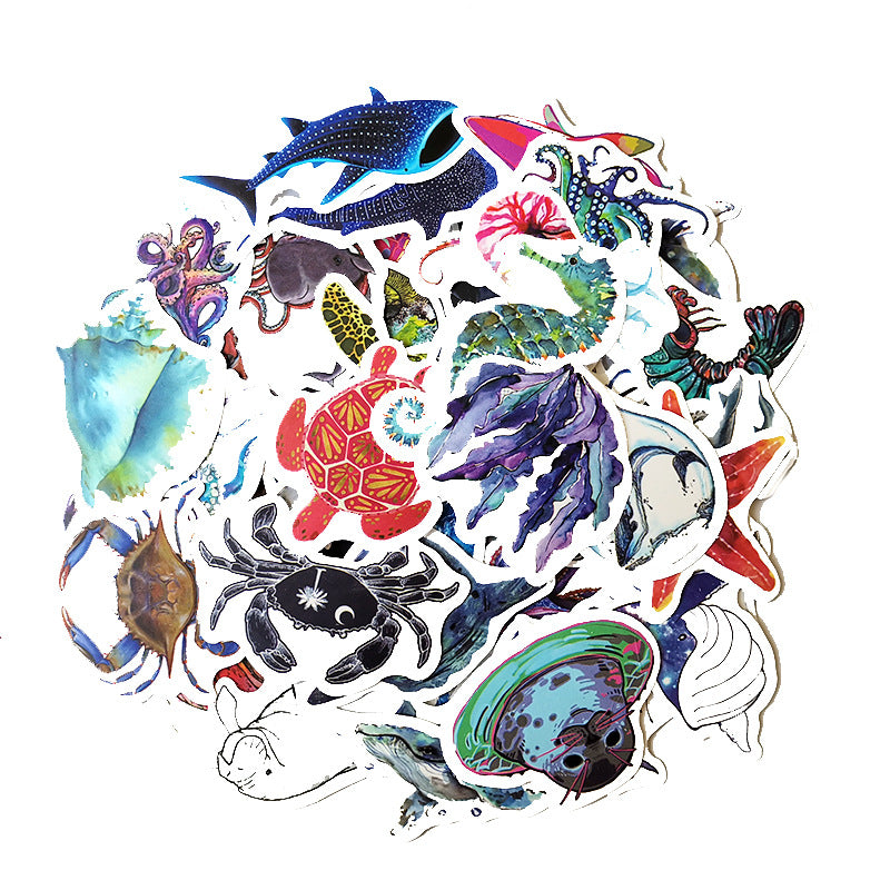 5 Sets=250PCS Blue Sea Creature Stickers Water Cup Notebook Stationery Mobile Phone Waterproof Stickers