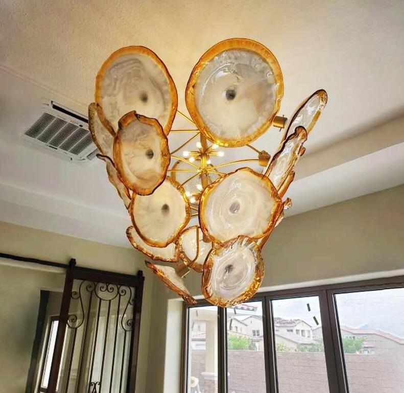 Modern Chandelier Lamps Gold LED Bulbs Murano Glass Plate Chandeliers Chain Pendant Light Fixtures Room Decor Hanging Lamp Home Indoor Lighting