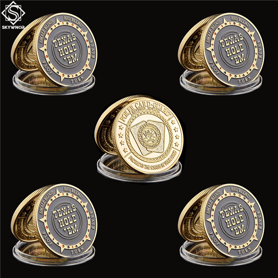 5PCS Chip Craft USA Texas Hold&#039;em Flop Turn River Big Small Blind Poker Chip Guards Card Good Luck Gold Plated Challenge Coin