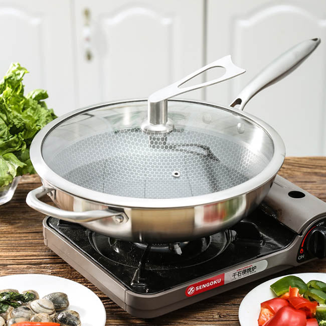 304 stainless steel honeycomb non-stick frying pan without coating lampblack induction cooker gas general-purpose kitchen household