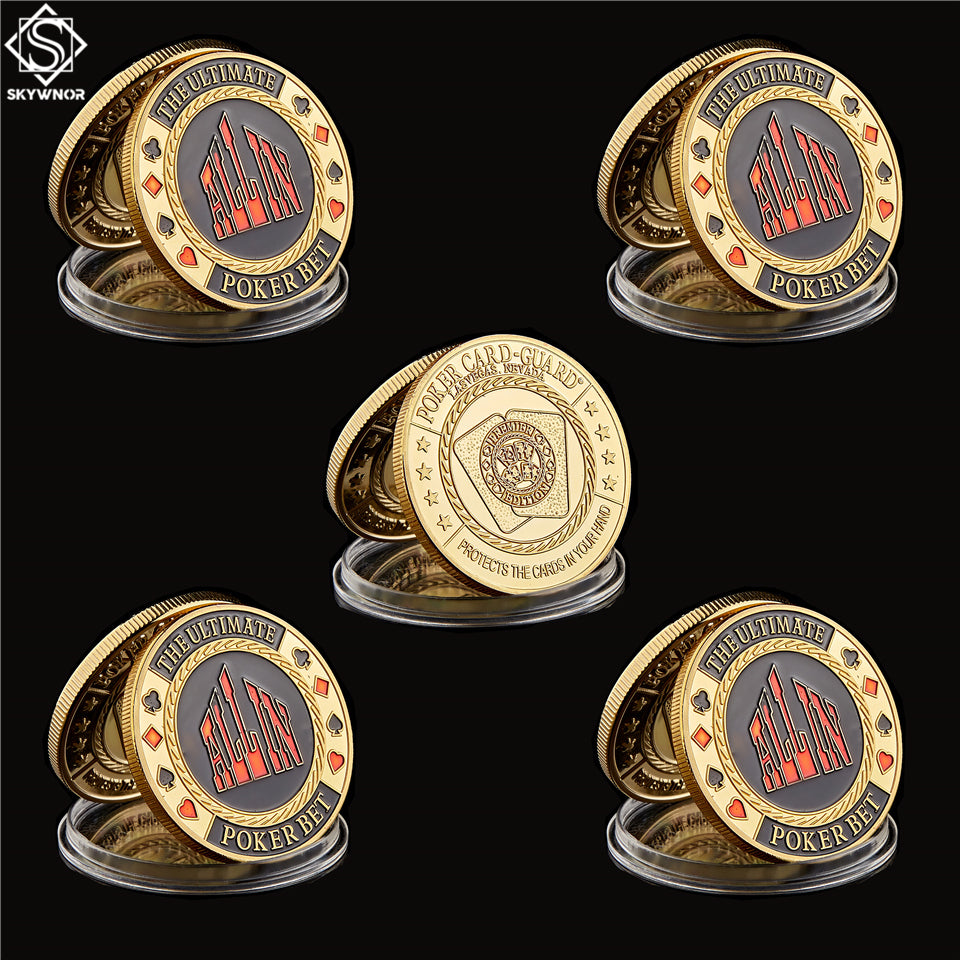 5Pcs-lot Texas Hold&#039;em Chips Metal Press Models ALL IN Brands Poker Chip Craft Guard Token Coin With Round Case