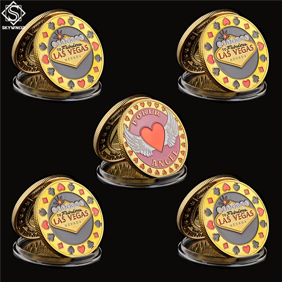 5PCS Welcome To Nevada Las Vegas Poker Chip Craft Angel Casino Commemorative Gold Coin Lucky Token Collection