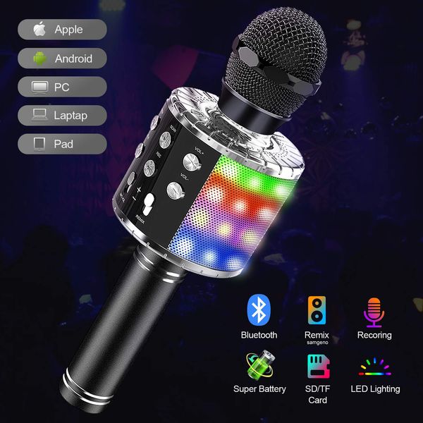 Freeshipping Wireless Karaoke Microphone 4 in 1 Bluetooth Microphone for Kids With Led Lights Speaker Record Remix Function