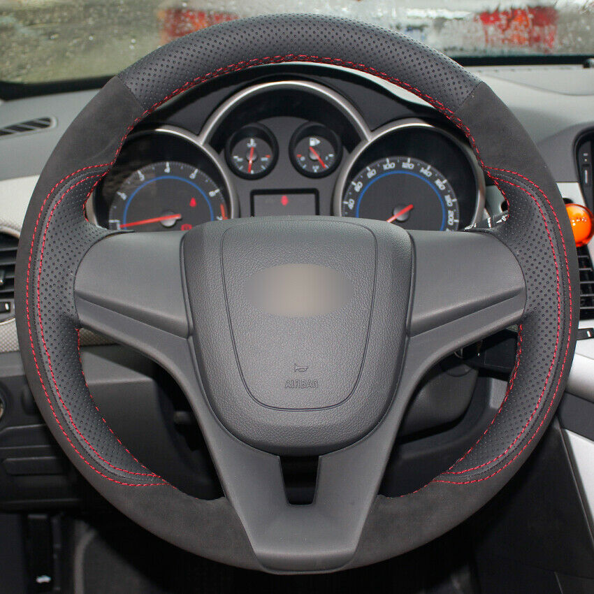 Black Leather Black Suede Car Steering Wheel Cover for Chevrolet Cruze Aveo