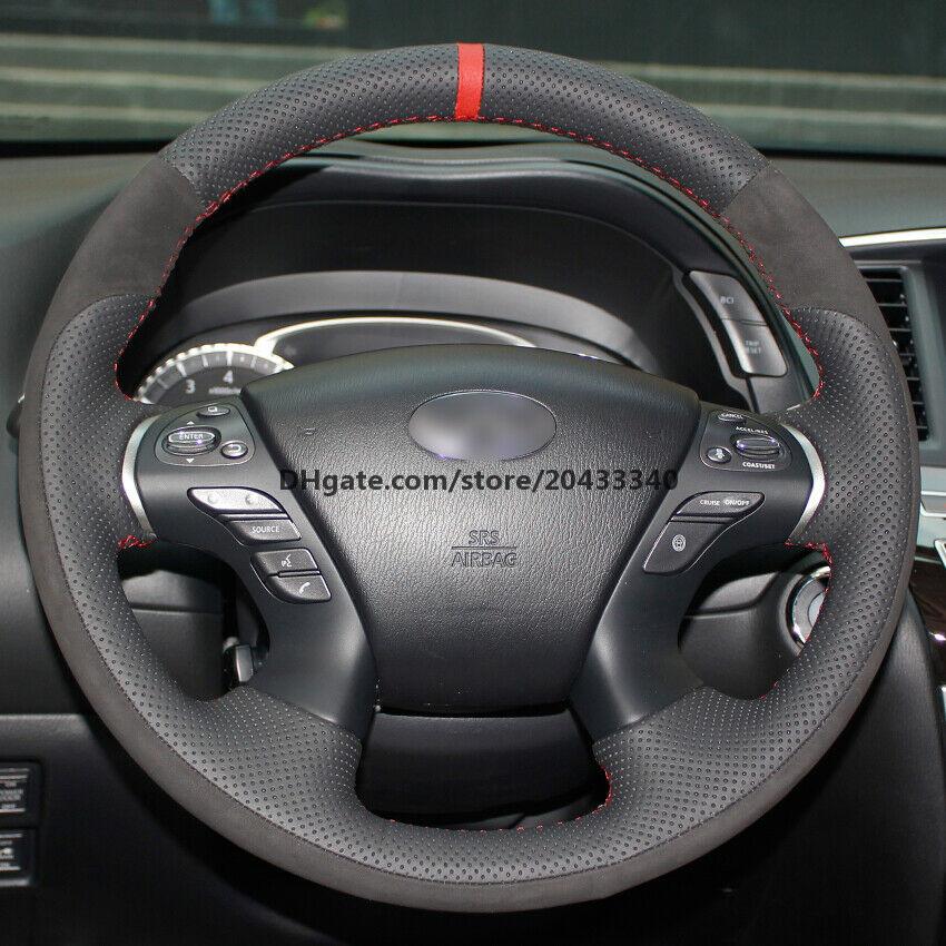 Black Genuine Leather Black Suede Car Steering Wheel Cover for Infiniti JX35 M35