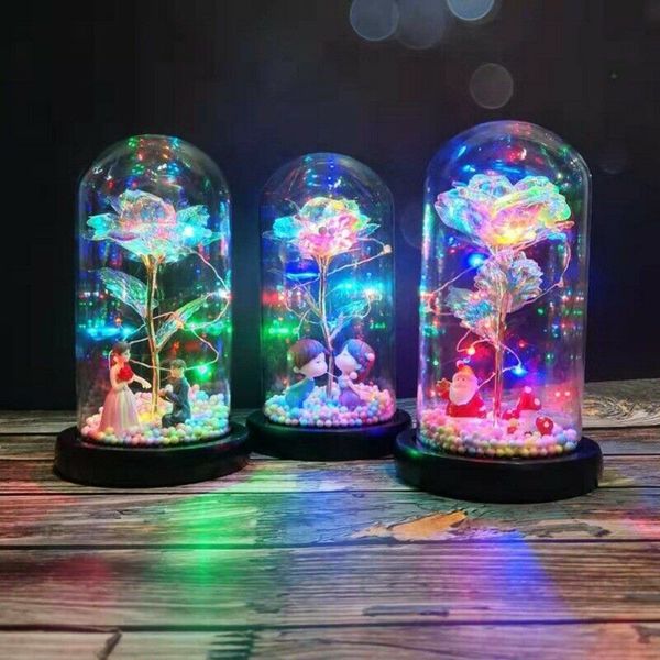 LED Enchanted Rose Light Silked Artificial Eternal Rose Flower In Glass Dome Lamp Decors Light Christmas Valentine Romantic Gift 210317
