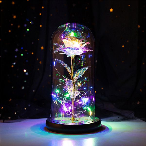 LED Enchanted Galaxy Rose Eternal 24K Gold Foil Flower With Fairy String Lights In Dome For Christmas Valentine&#039;s Day Gift 210317