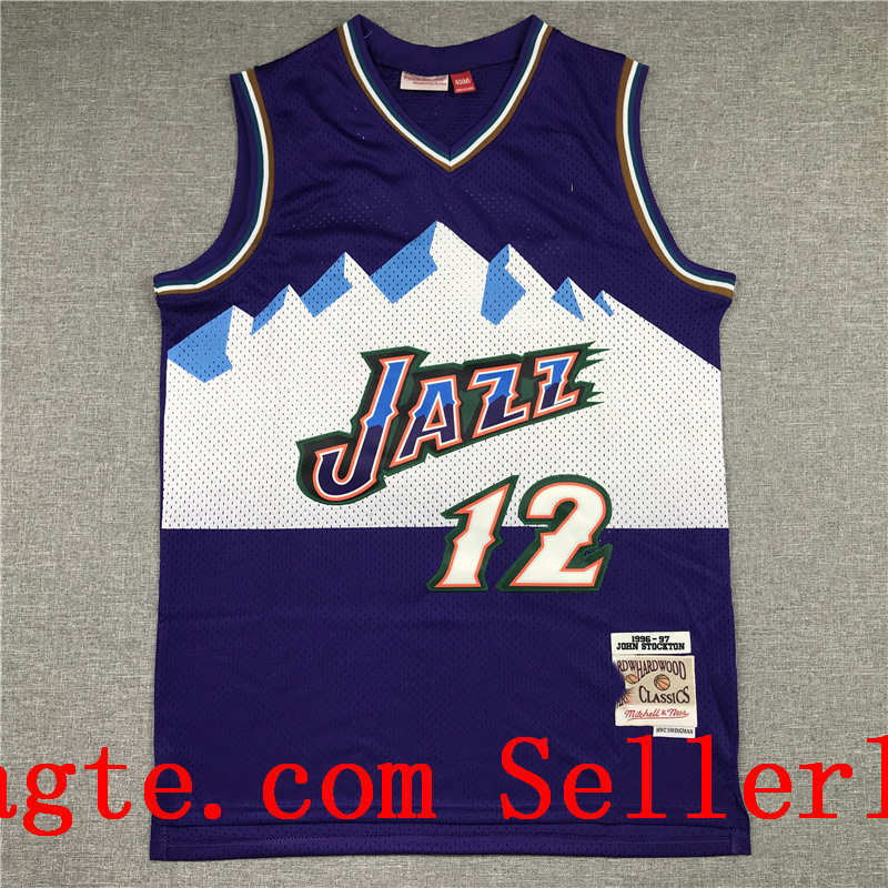Men\rUtah\rJazz John Stockton 12 Mitchell & Ness Purple Teal Road 1996-97 Hardwoods Classics Swingman Jersey
