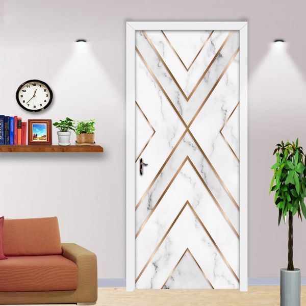 Striped Marble Waterproof Self-adhesive Door Sticker Wall Papers Home Decor Bedroom Living Room Kitchen Door Decoration Stickers 210317