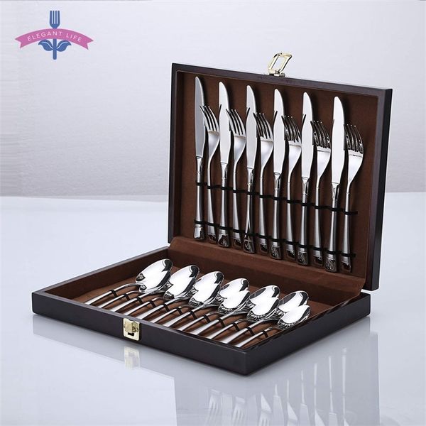 24 PCS Tableware Cutlery Set Flatware Set Stainless Steel Matte Knife Fork Spoon Set Family Candlelight Dinner Party Gift Box 210318