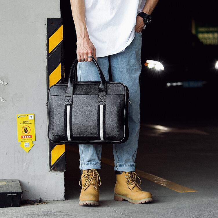 Factory wholesale men handbag striped business bag fashion leathers horizontal laptop bags personalized contrast leather shoulder handbags