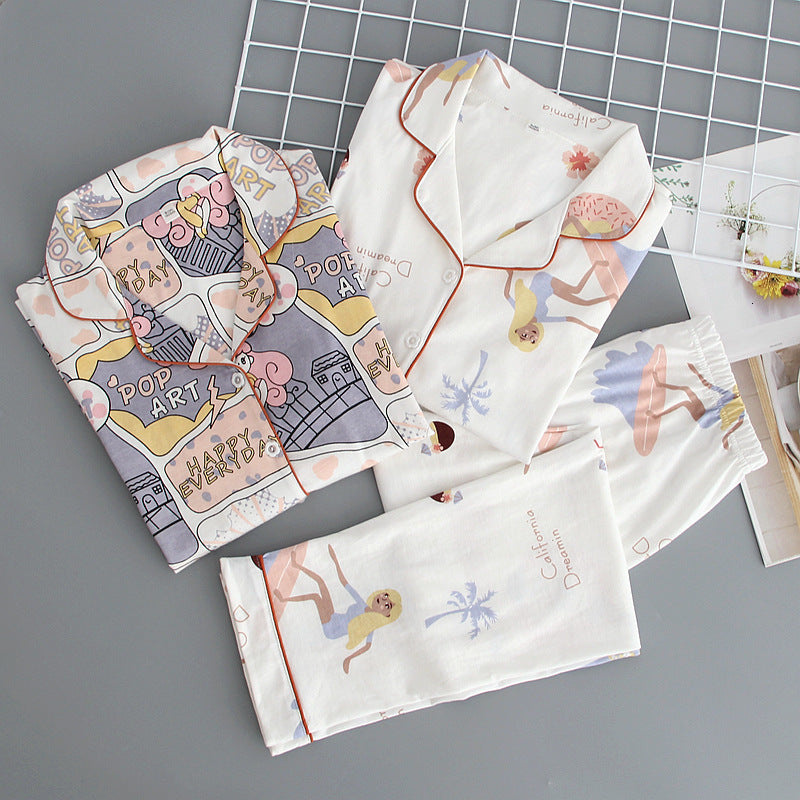 sleepwear Viscose Long Sleeve Sleepwear Casual Cotton Pajamas Set for Woman Printed Summer Spring Pyjama Female Usdg KZSK