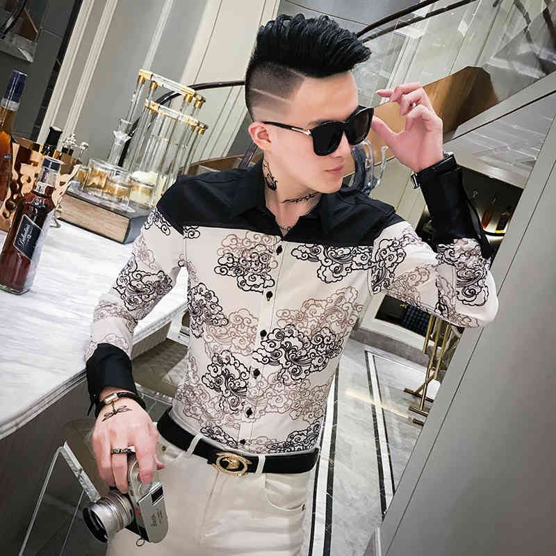 t shirts Autumn Men's Dress Shirt Streetwear Patchwork Color Mens Slim Fit Casual Printers for Men Clothes 2021 3xl-m Cis3