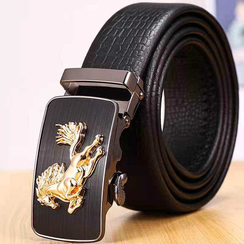 Trendy fashion men belt wild simple design style high quality two-layer cowhide horse black youth version free gift box