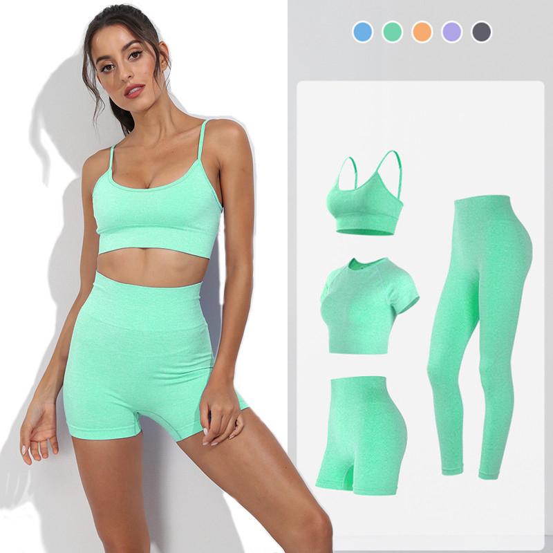 Seamless 2pcs Gym Set Crop Top V-neck Sports Bra High Waist Leggings Shorts Yoga Women Fitness Sport Workout Suits Outfit