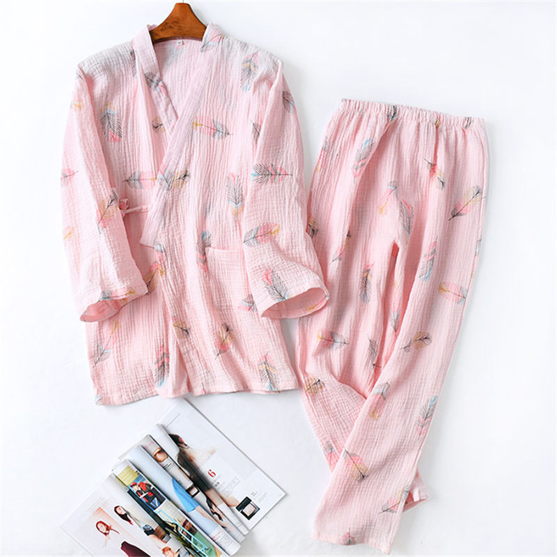 sleepwear Twice Wire From Cotton Pjamas Quimono Women Spring Pants Cardigan Slim Rents Even Printing Feather Occasional Shirt Top House f669 S3R9