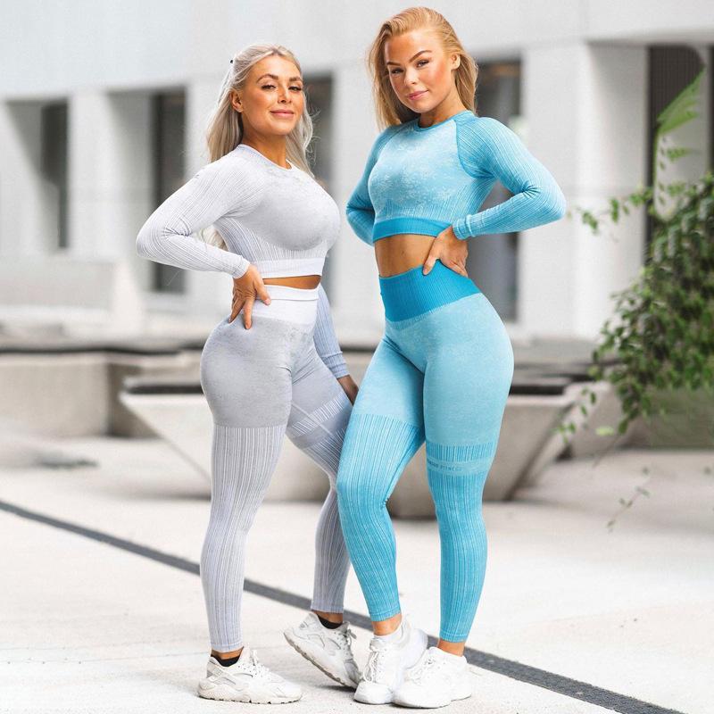Seamless Sport Set Women Female Blue Crop Top Bra Leggings Yoga Wear Ftines Suit Workout Outfit Gym Clothing