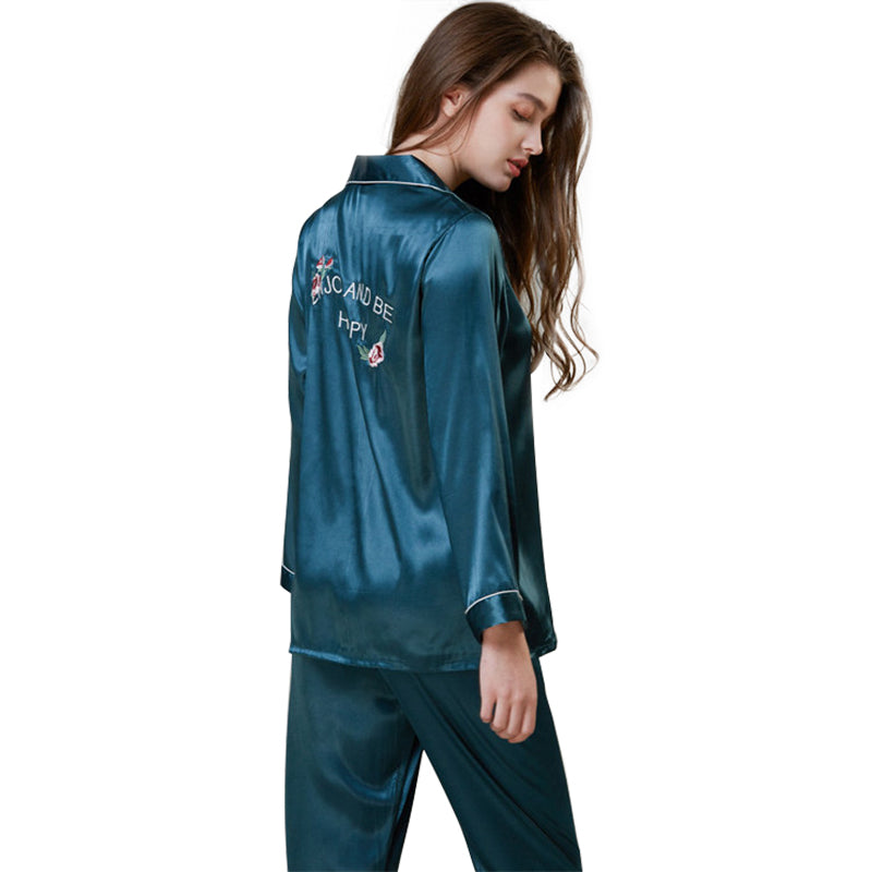 sleepwear Women Faux Silk Sleepwear Pajamas Set Flower Print Embroidered Long Sleeves 2 Piece Spring Autumn Homewear Kvlp ADIA