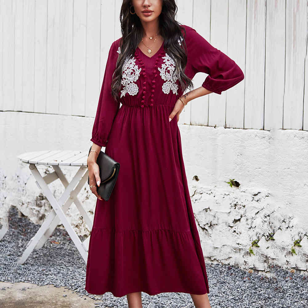 dress Wine Red Patchwork Print Maxi Dress Women 2021 Cotton Spring Fall Clothes Full Sleeve V Neck Ladies Casual Elegant Long Dresses SF1G