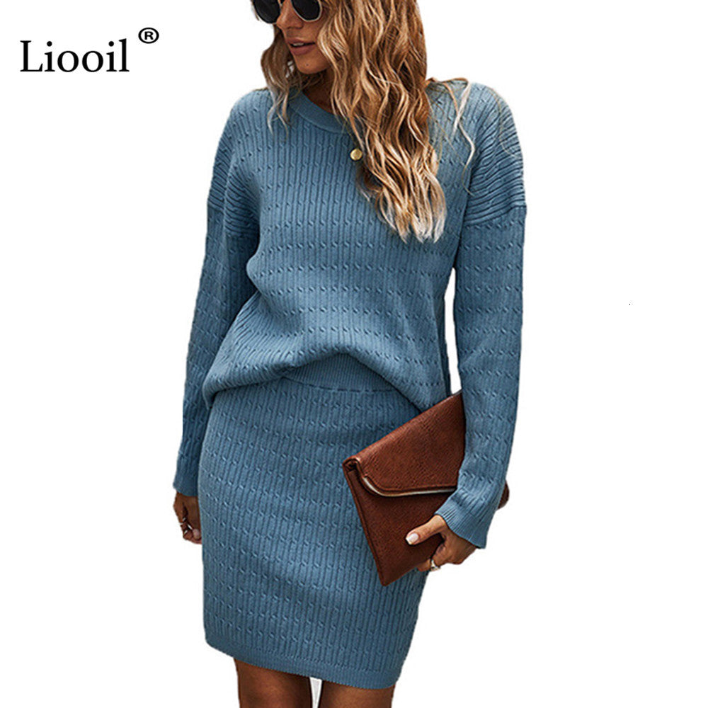dress Knitted Two Piece Sets Women Outfits Sweater And Skirts Long Sleeve Top Ladies Autumn Winter Clothes Blue Knitwear MEMI
