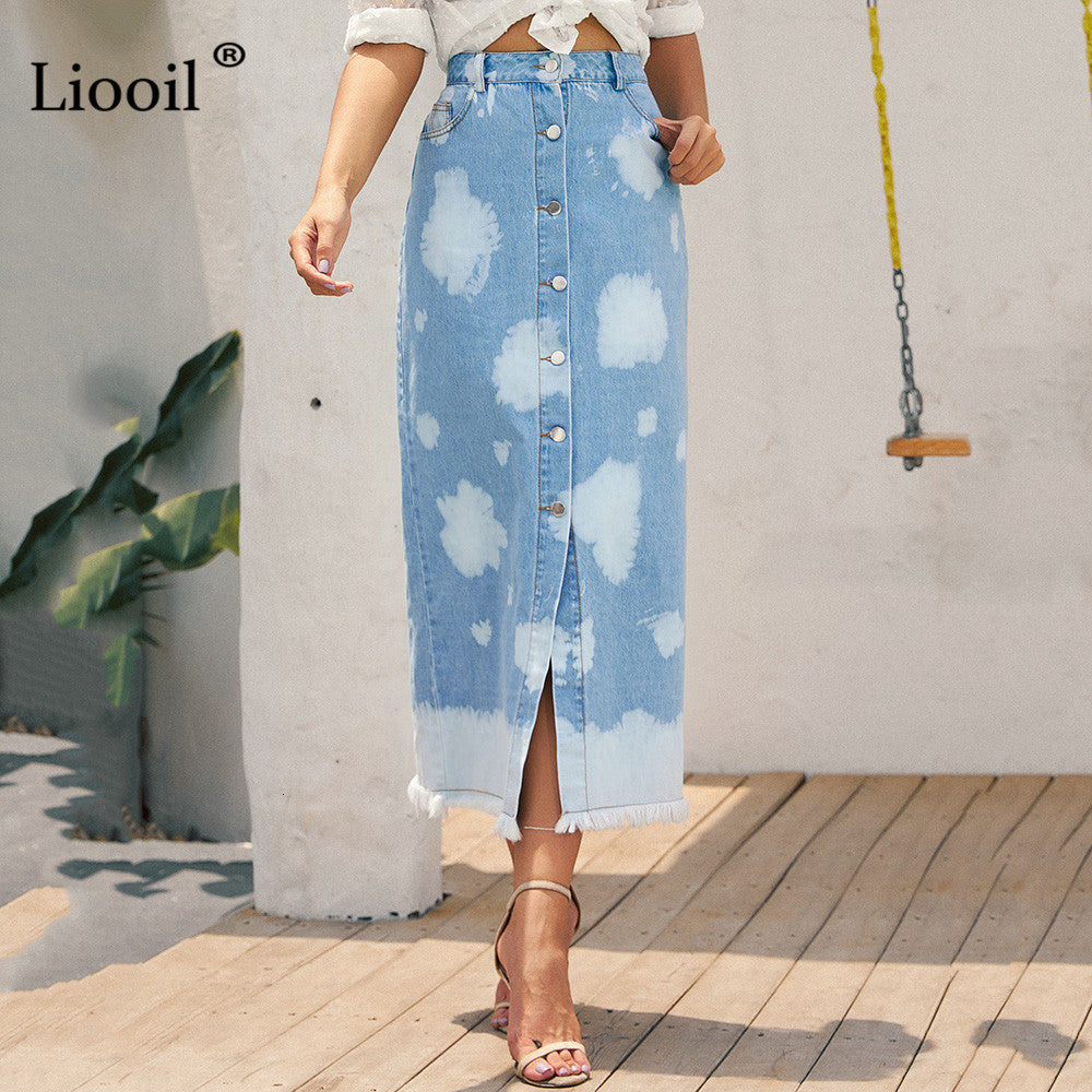 skirt Casual Denim Midi Skirt for Women Patchwork Button Up A Line With Pockets Female Loose Summer Jean Long Skirts 20SF