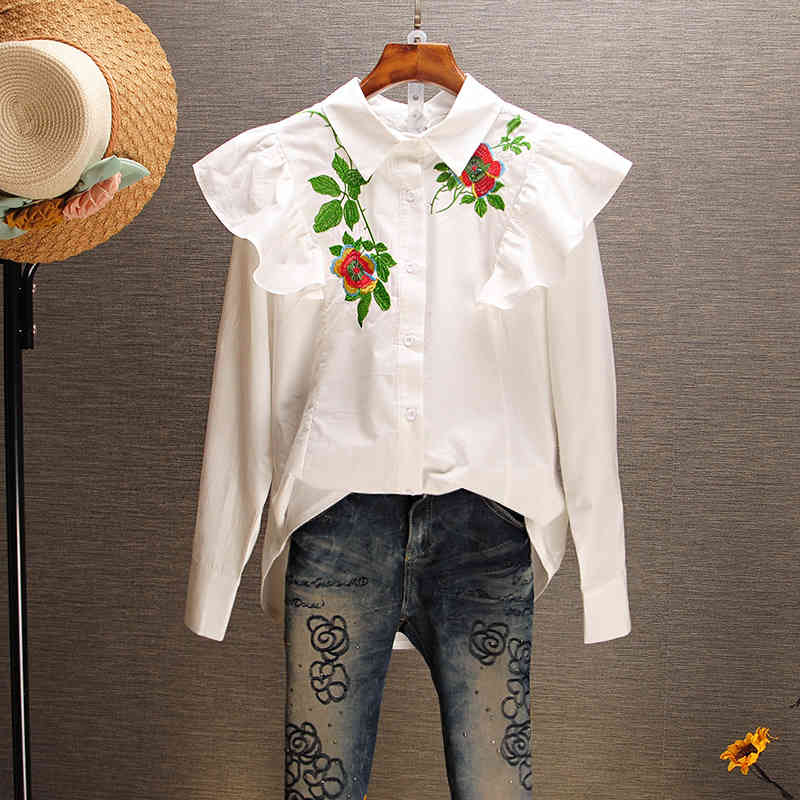 blouses Srping Women Top White Shirt Embroidered Sweet National Style Lapel Cotton Shirts Ladies Long Sleeve Slim Blouses Blusas Mujer