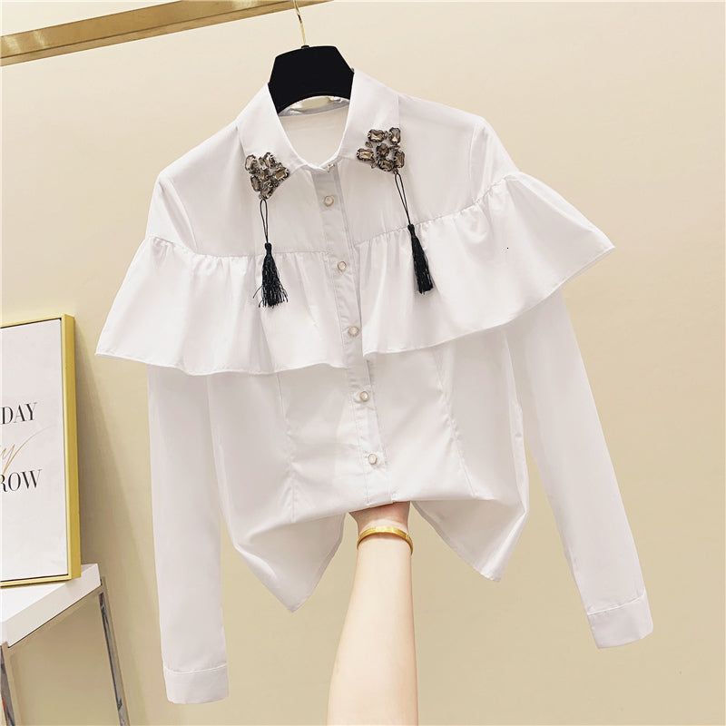 blouses Ruffle Woman Hand-made Beaded Tassel Women&#039;s Spring Long Sleeve White Shirt Ladies All-match Basic Blouses