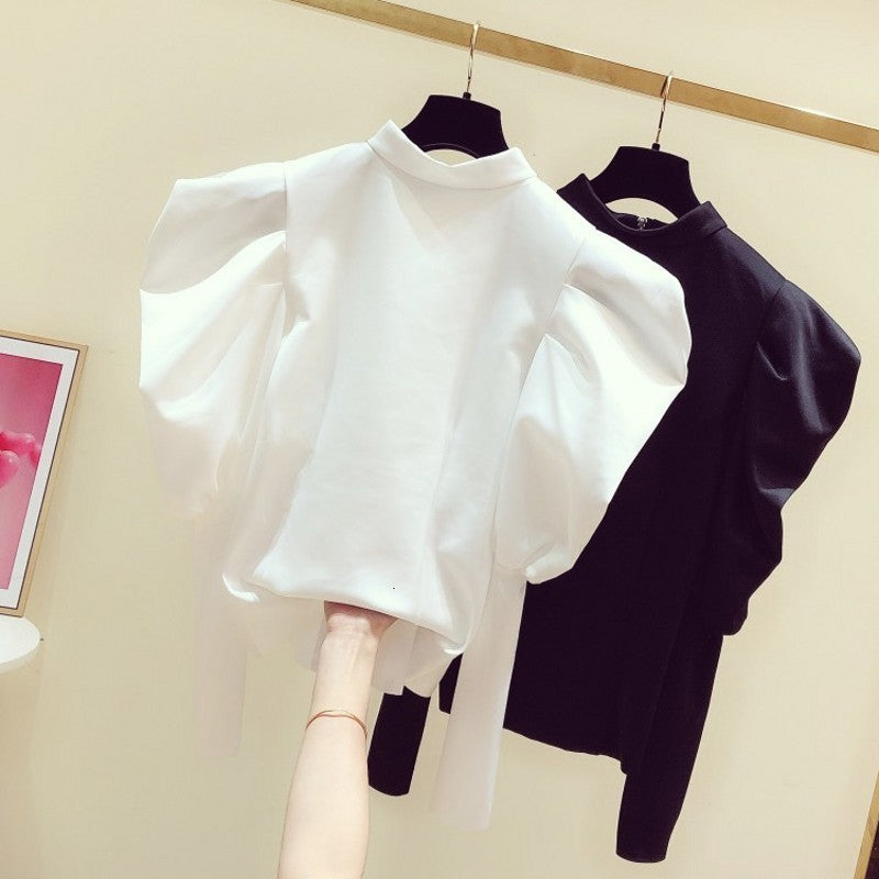 blouses Spring Korean Style White Women&#039;s Clothing Coat Solid Color Round-neck Fashion Sleeve Zip Shirt Blouse